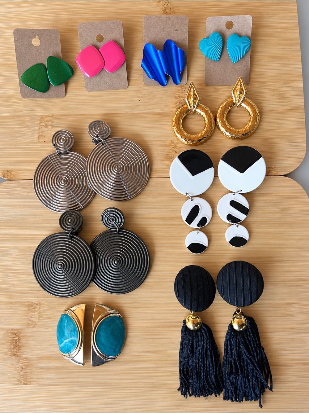Retro 90s Style Statement Earring Lot 10 Pairs Studs Clip On Tassels Geometric